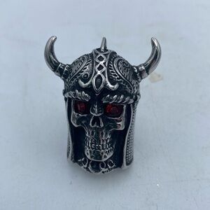 Men’s stainless steel warrior skull red eyes biker goth ring sz 12